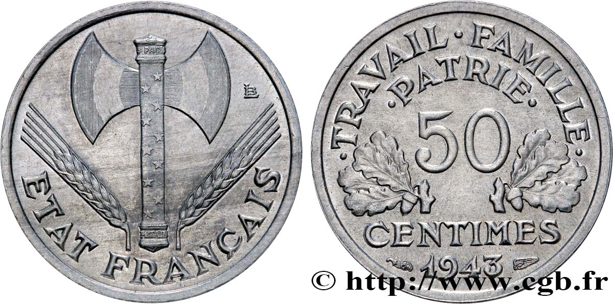 50 centimes Francisque, lourde 1943  F.195/4 EBC62 