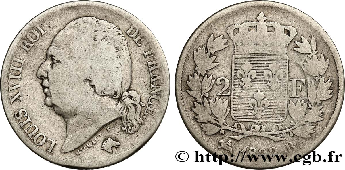 2 francs Louis XVIII 1822 Rouen F.257/37 B12 