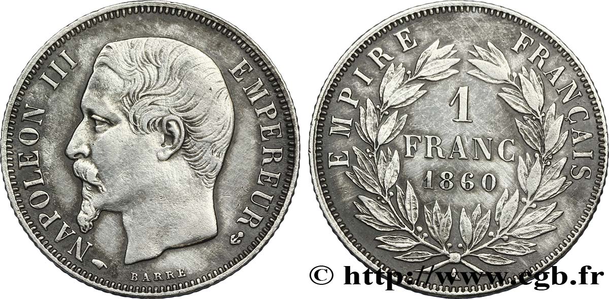 1 franc Napoléon III, tête nue 1860 Paris F.214/14 AU50 