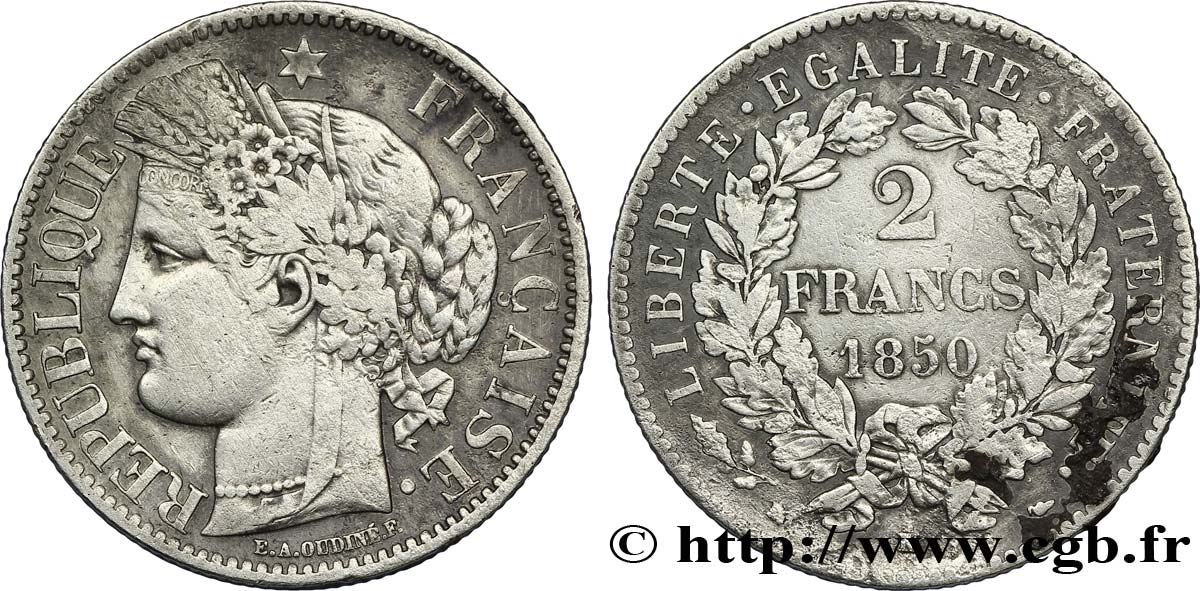 2 francs Cérès, IIe République 1850 Bordeaux F.261/6 fSS 