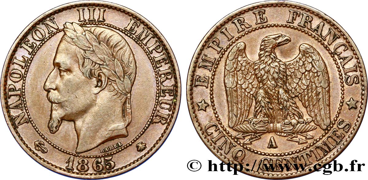 Cinq centimes Napoléon III, tête laurée 1865 Paris F.117/16 SS48