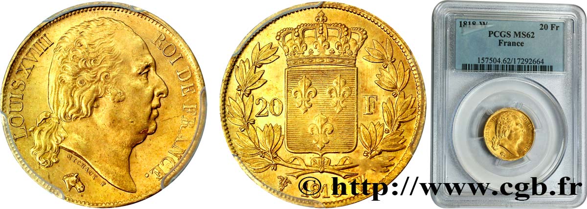 20 francs or Louis XVIII, tête nue 1818 Lille F.519/14 MS62 PCGS