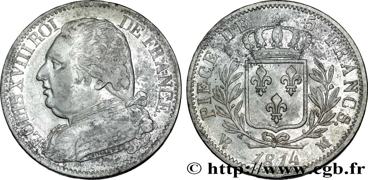 5 francs Louis XVIII, buste habillé 1814 Marseille F.308/10 TTB53 