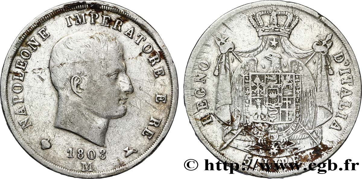 5 lire Napoléon Empereur et Roi d’Italie, 2ème type, tranche en creux 1808 Milan M.219 TB20