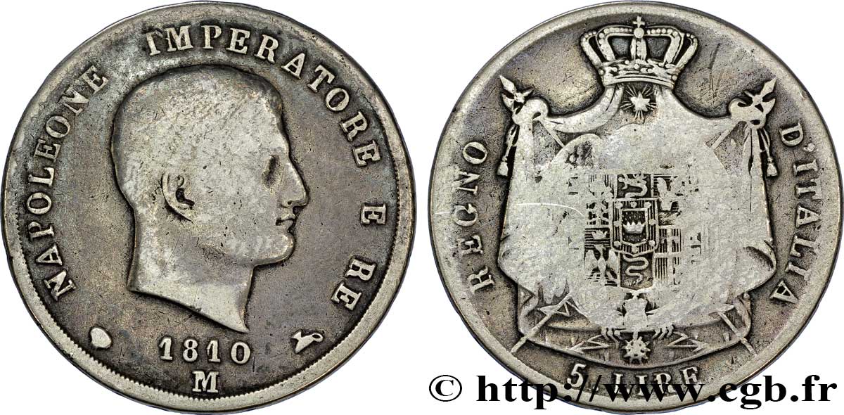 5 lire Napoléon Empereur et Roi d’Italie, 2ème type, tranche en creux 1810 Milan M.223  VG8 