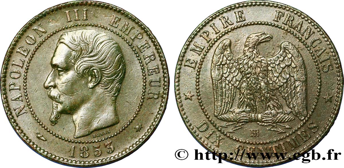 Dix centimes Napoléon III, tête nue 1853 Strasbourg F.133/4 TTB48