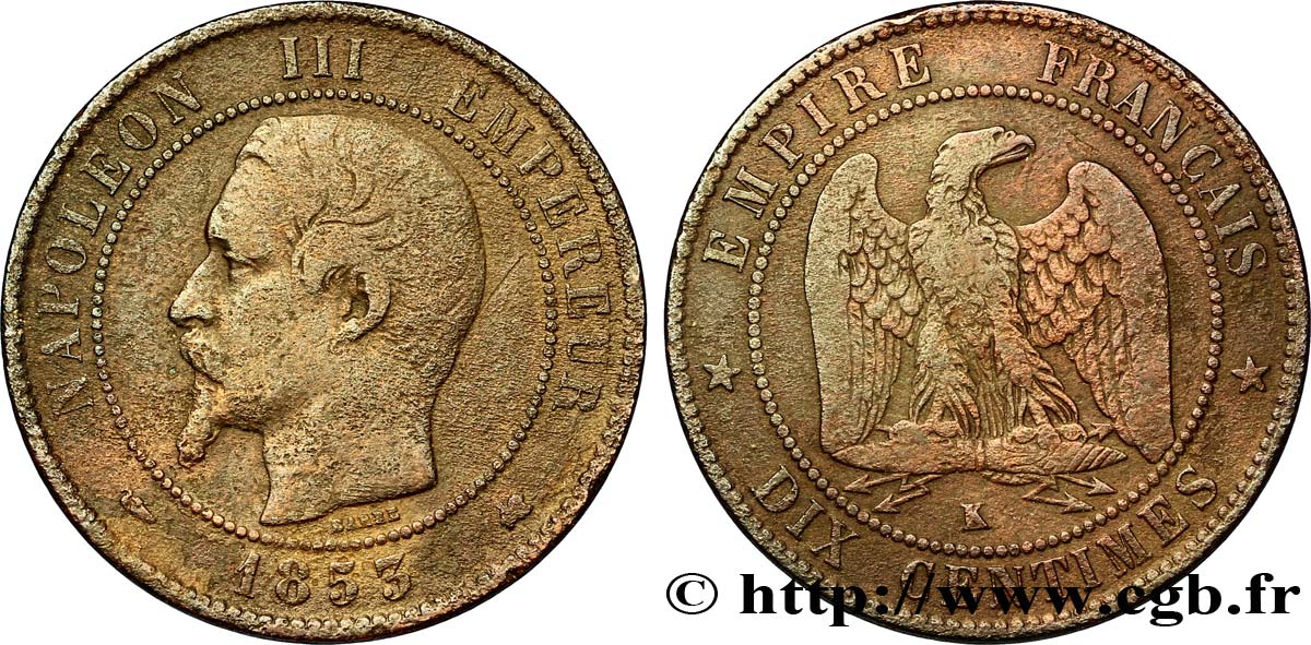 Dix centimes Napoléon III, tête nue 1853 Bordeaux F.133/7 S20 