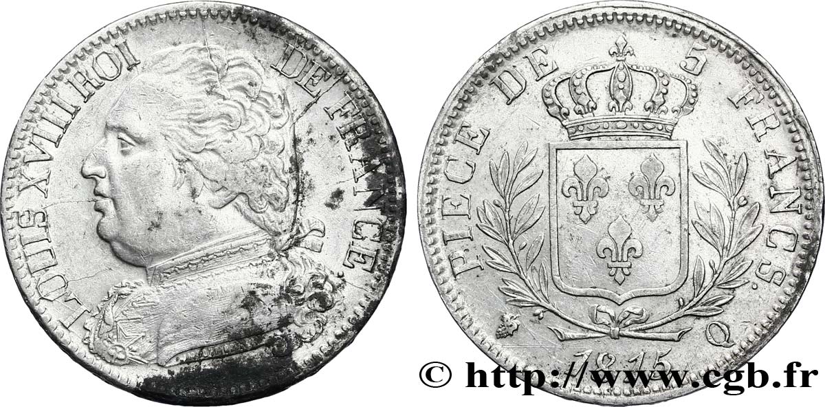 5 francs Louis XVIII, buste habillé 1815 Perpignan F.308/28 TTB48 