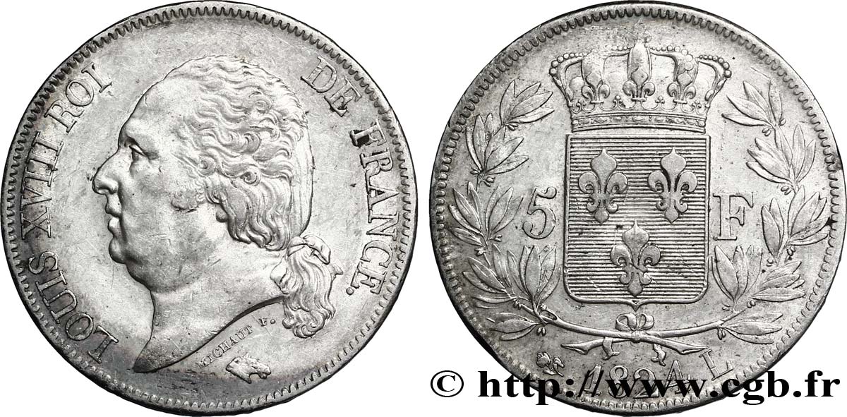 5 francs Louis XVIII, tête nue 1824 Bayonne F.309/94 TTB45 