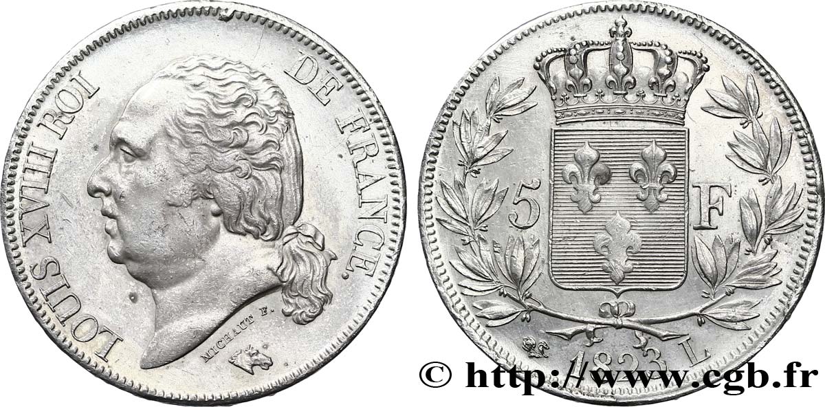 5 francs Louis XVIII, tête nue 1823 Bayonne F.309/83 TTB48 