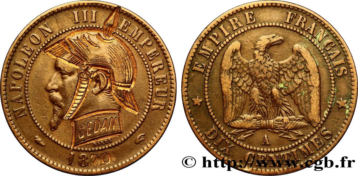 Dix centimes Napoléon III, tête nue, satirique 1870 Paris F.133/- var. TB35
