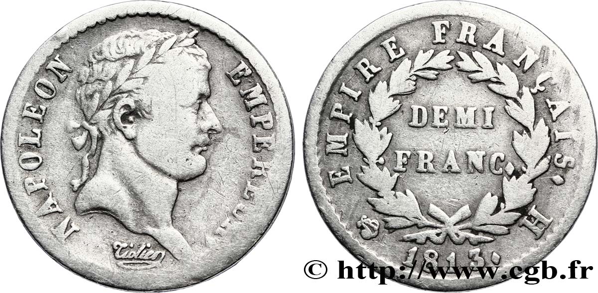 Demi-franc Napoléon Ier tête laurée, Empire français 1813 La Rochelle F.178/53 VF25 