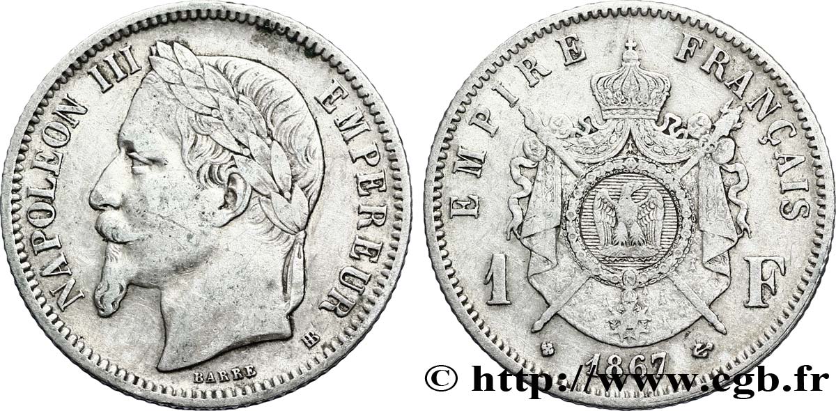 1 franc Napoléon III, tête laurée 1867 Strasbourg F.215/7 TB35