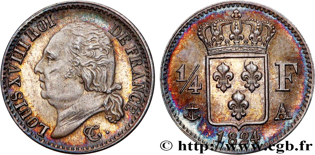 1/4 franc Louis XVIII 1824 Paris F.163/31 SPL63 