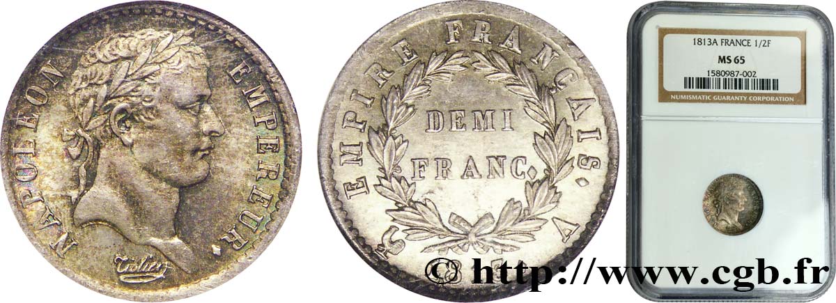 Demi-franc Napoléon Ier tête laurée, Empire français 1813 Paris F.178/49 MS65 NGC