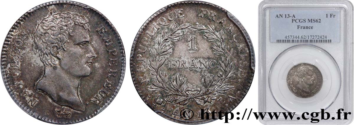 1 franc Napoléon Empereur, Calendrier révolutionnaire 1805 Paris F.201/14 EBC62 PCGS
