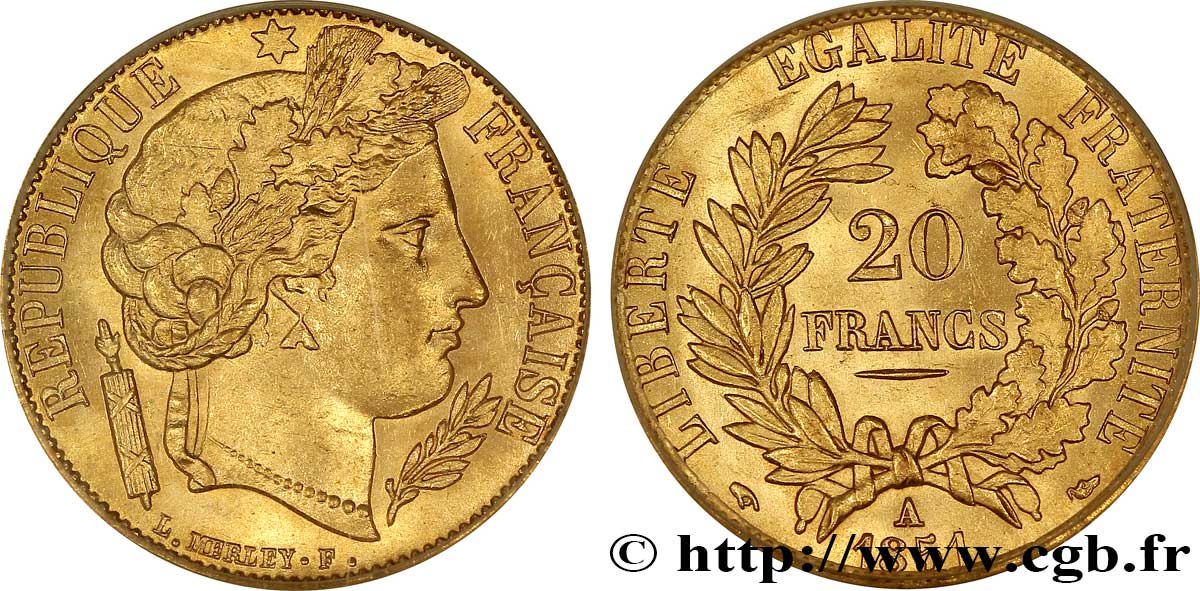 20 francs or Cérès 1851 Paris F.529/4 MS63 