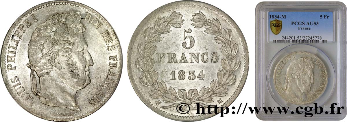 5 francs IIe type Domard 1834 Toulouse F.324/37 SS53 PCGS