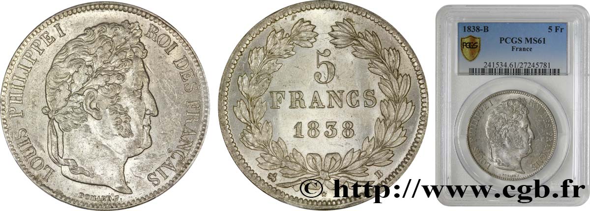 5 francs IIe type Domard 1838 Rouen F.324/69 EBC61 PCGS