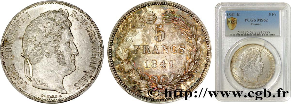 5 francs IIe type Domard 1841 Bordeaux F.324/93 VZ62 PCGS