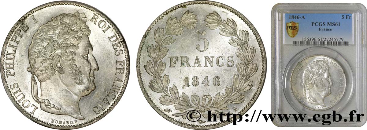 5 francs IIIe type Domard 1846 Paris F.325/10 SPL61 PCGS