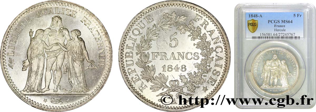 5 francs Hercule, IIe République 1848 Paris F.326/1 fST64 PCGS