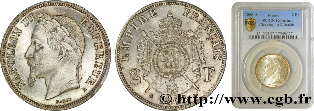 2 francs Napoléon III, tête laurée 1868 Paris F.263/8 fST PCGS
