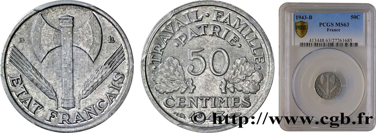 50 centimes Francisque, légère 1943 Beaumont-Le-Roger F.196/3 SPL63 PCGS