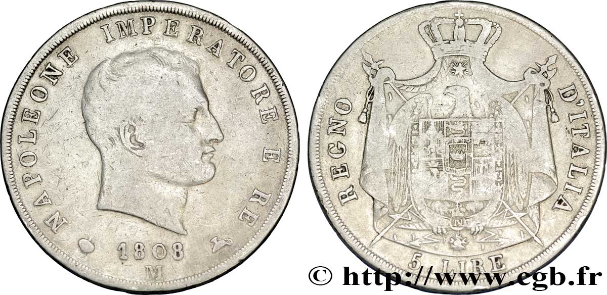 5 lire Napoléon Empereur et Roi d’Italie, 2ème type, tranche en creux 1808 Milan M.219 B12