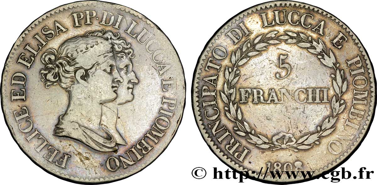 5 franchi, grands bustes 1808 Florence M.439  MB20 