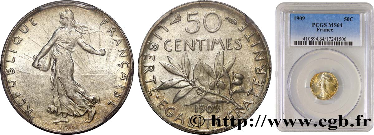 50 centimes Semeuse 1909  F.190/16 SPL64 PCGS