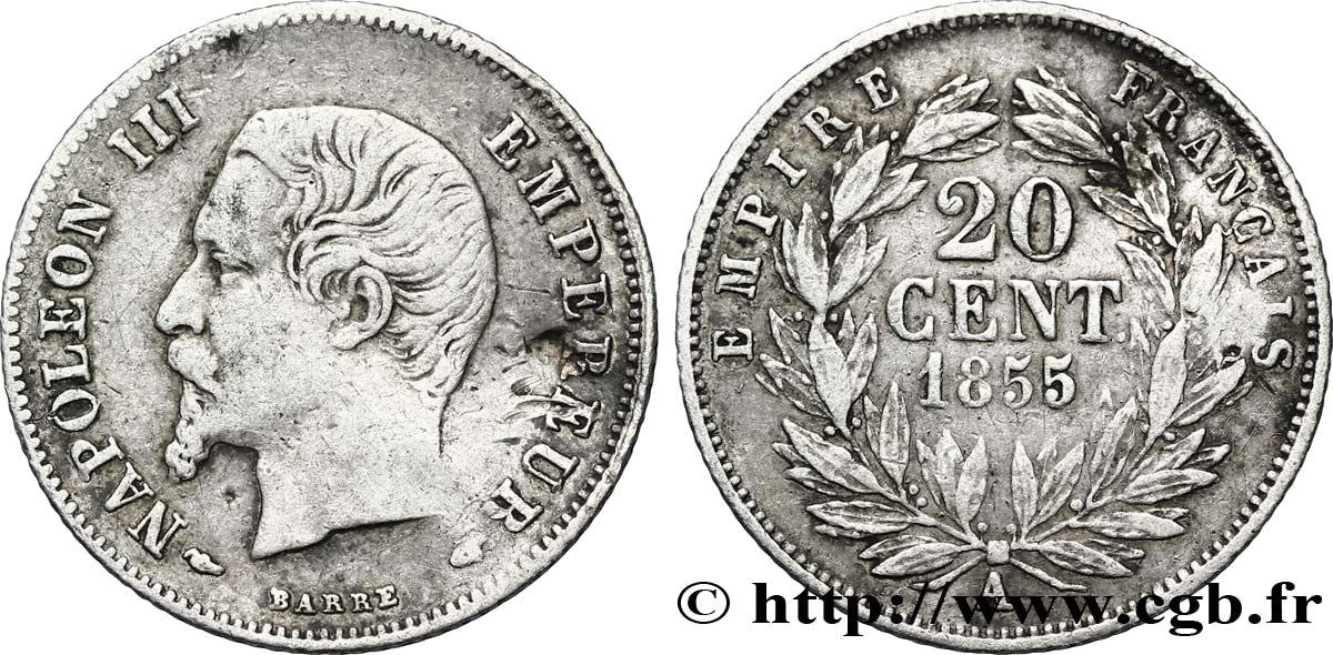 20 centimes Napoléon III, tête nue 1855 Paris F.148/3 TB30