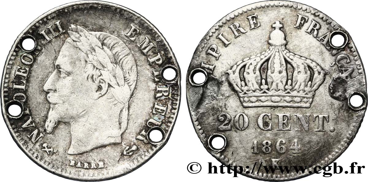 20 centimes Napoléon III, tête laurée, petit module 1864 Bordeaux F.149/3 TB