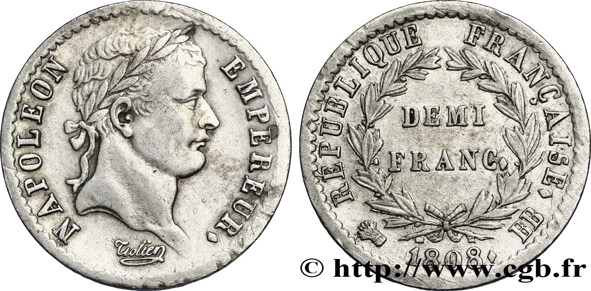 Demi-franc Napoléon Ier tête laurée, République française, buste fin 1808 Strasbourg F.177/4 TTB50 