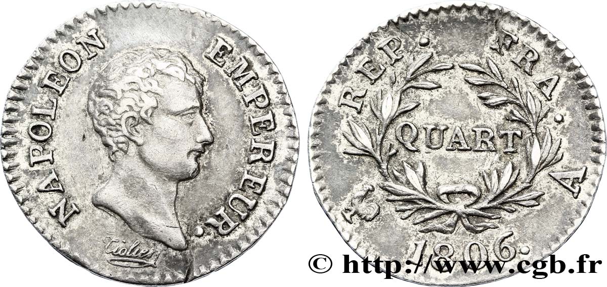 Quart (de franc) Napoléon Empereur, Calendrier grégorien 1806 Paris F.159/1 TTB50 