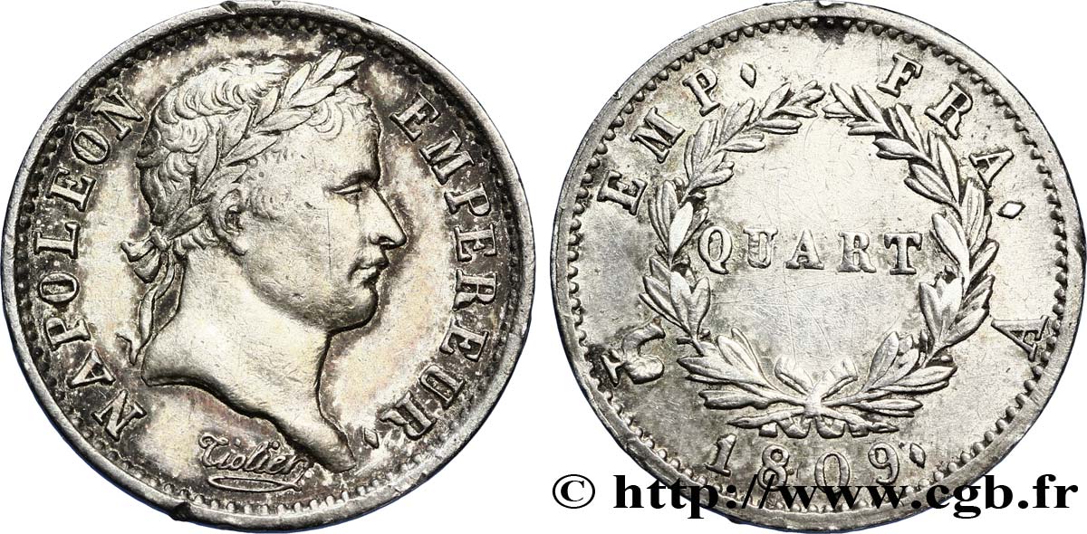 Quart (de franc) Napoléon Ier tête laurée, Empire français 1809 Paris F.162/1 TTB48 