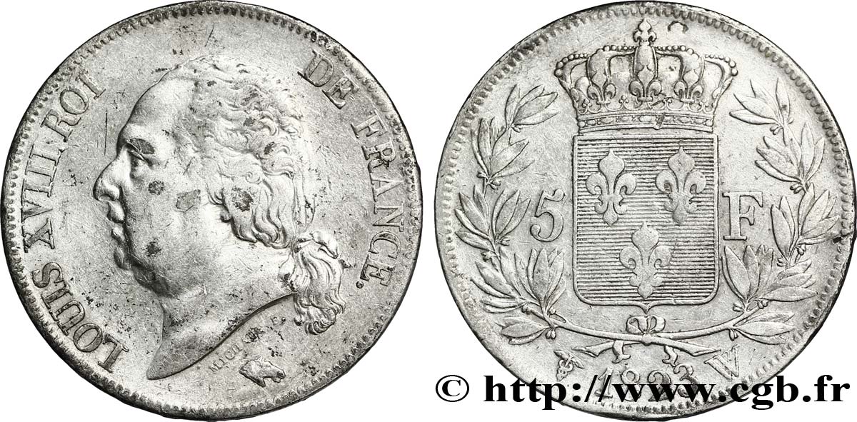 5 francs Louis XVIII, tête nue 1823 Lille F.309/87 TTB45