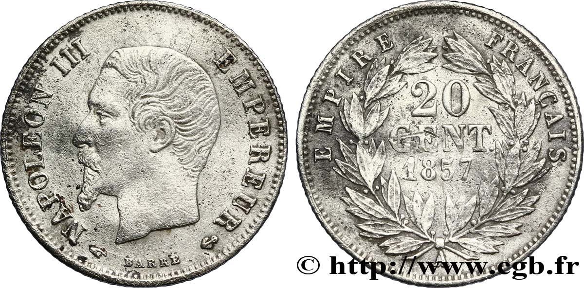 20 centimes Napoléon III, tête nue 1857 Paris F.148/7 XF45 