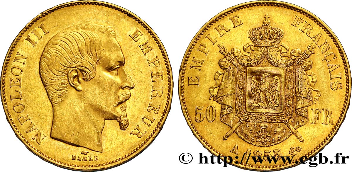 50 francs or Napoléon III, tête nue 1855 Paris F.547/1 SS48