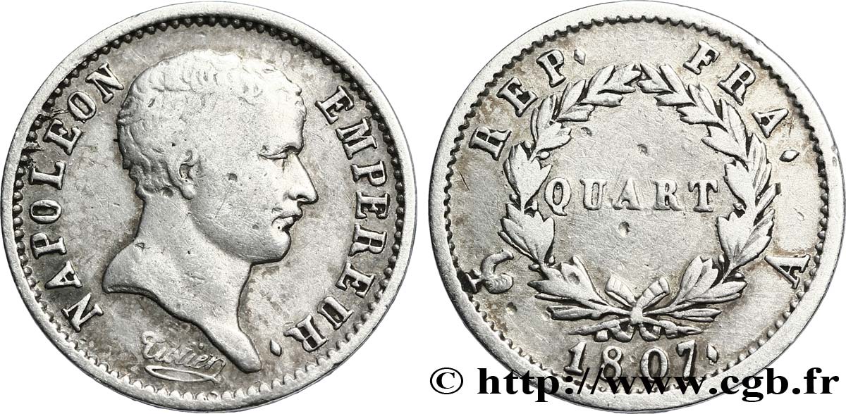 Quart (de franc) Napoléon Empereur, tête de nègre 1807 Paris F.160/1 VF30 