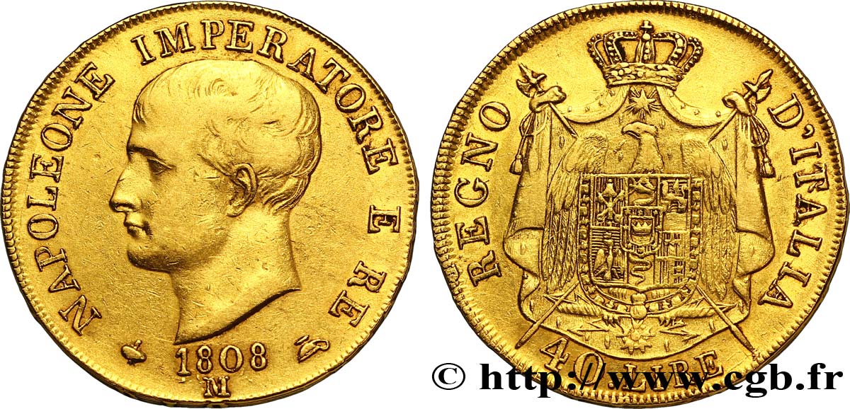 40 lire or Napoléon Empereur et Roi d’Italie, 1er type, tranche en relief 1808 Milan VG.1311 TTB40