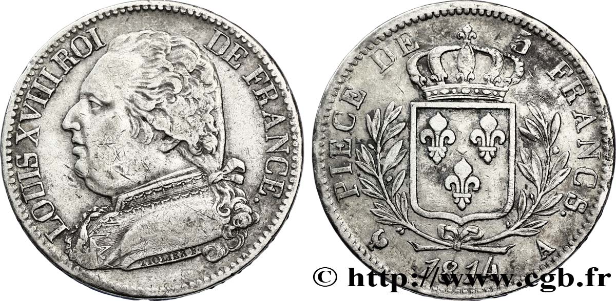5 francs Louis XVIII, buste habillé 1814 Paris F.308/1 TTB45