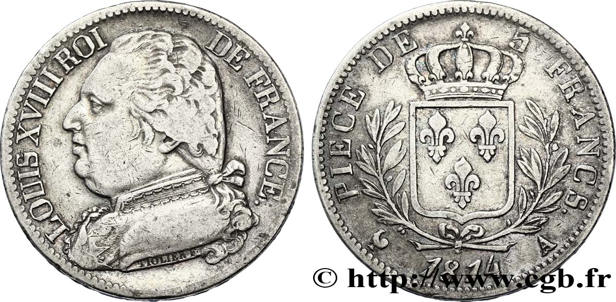 5 francs Louis XVIII, buste habillé 1814 Paris F.308/1 TTB45