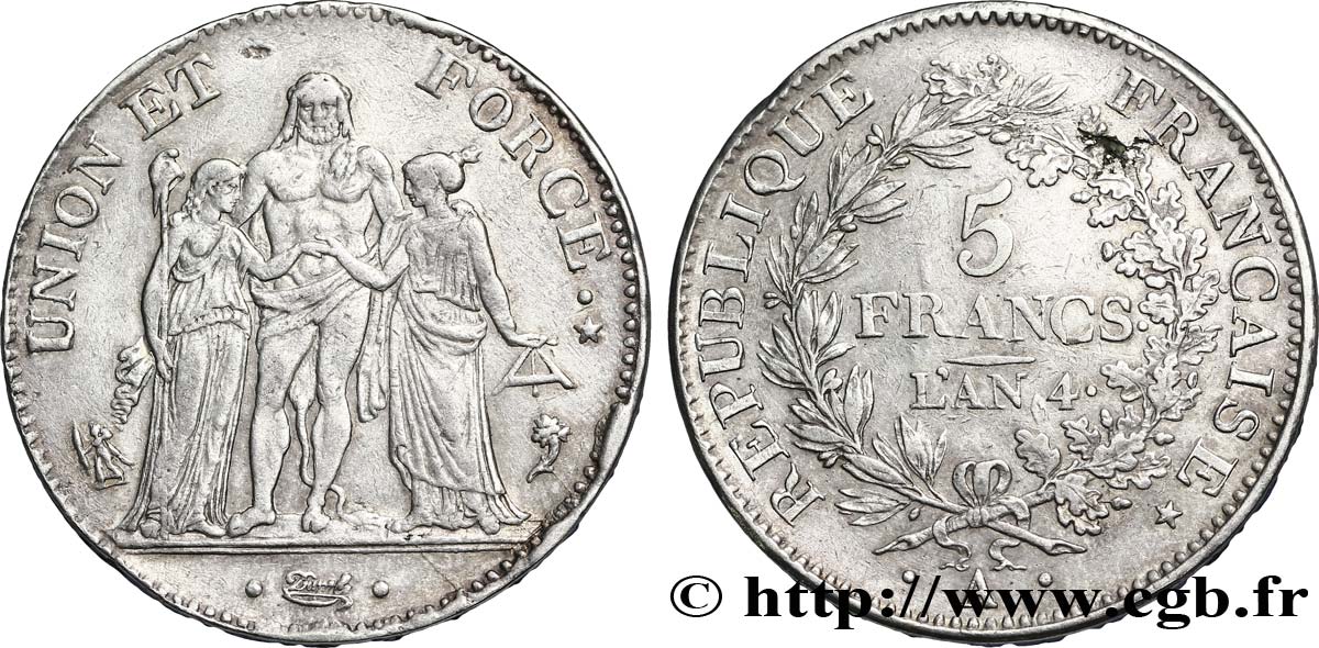 5 francs Union et Force, Union serré, avec glands, listel par virole 1796 Paris F.287/1 TTB48