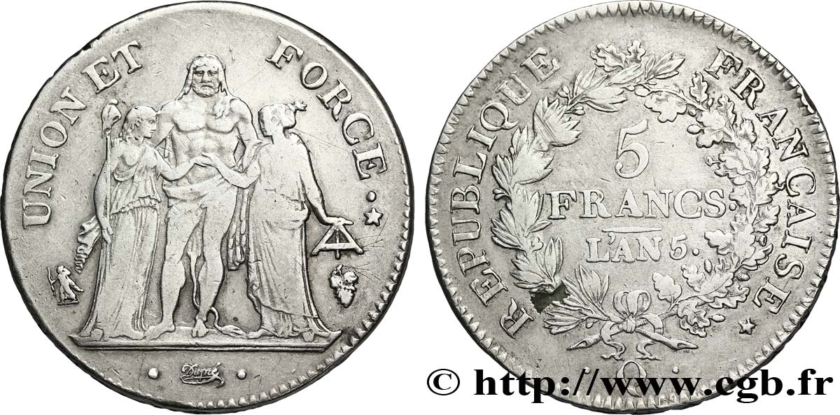 5 francs Union et Force, Union serré, avec glands intérieurs et gland extérieur 1797 Perpignan F.288/25 BC35 