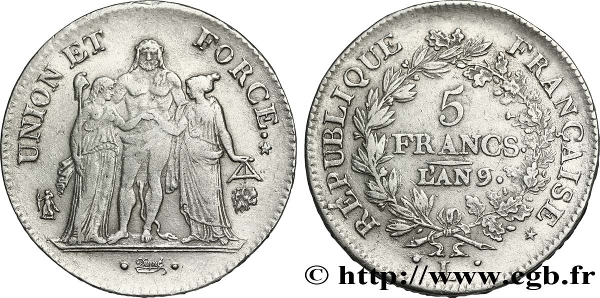 5 francs Union et Force, Union serré, avec glands intérieurs et gland extérieur 1801 Bayonne F.288/163 XF48 