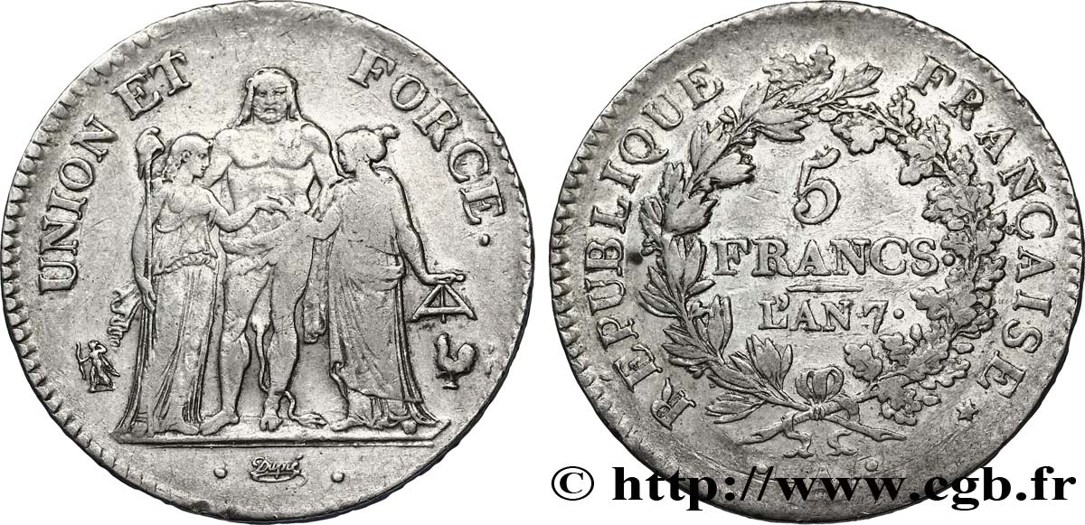 5 francs Union et Force, Union serré, seulement gland extérieur 1799 Paris F.288/101 SS42 