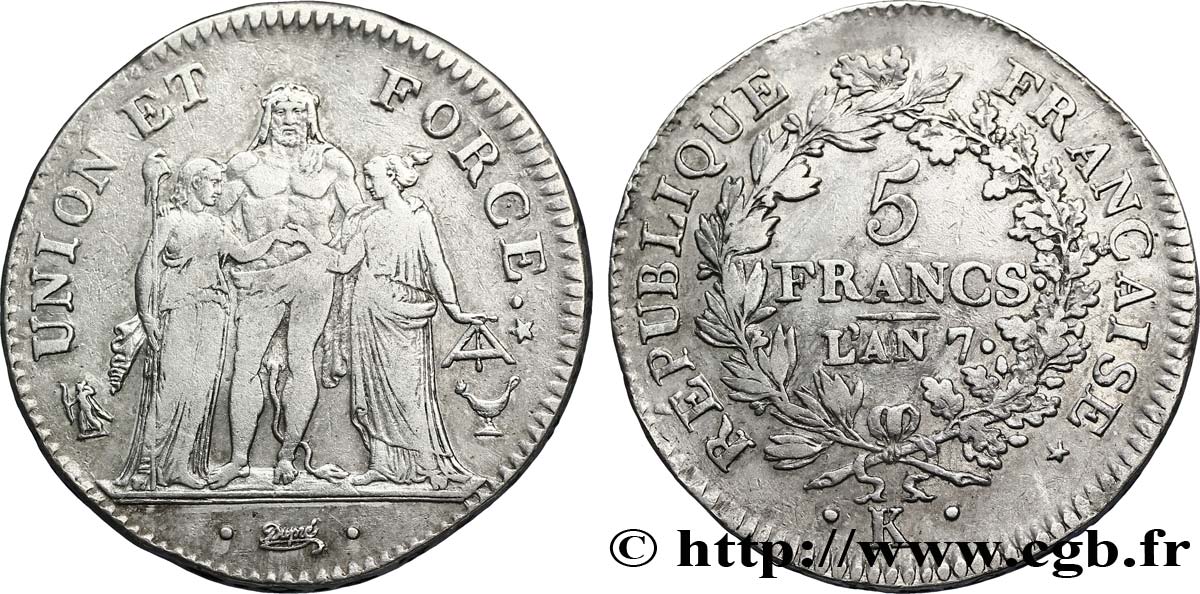 5 francs Union et Force, Union desserré, seulement gland extérieur 1799 Bordeaux F.291/24 SS45 
