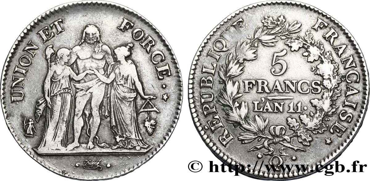 5 francs Union et Force, Union serré, seulement glands intérieurs 1803 Perpignan F.288/198 BB45 