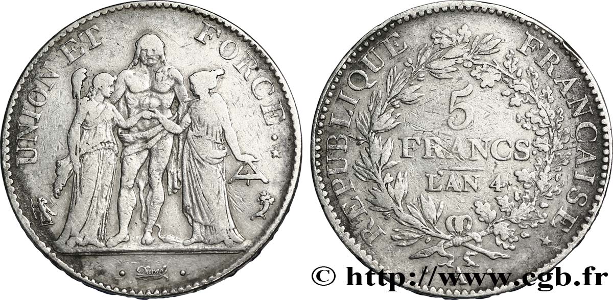5 francs Union et Force, Union serré, avec glands, listel par virole 1796 Paris F.287/1 TB35 